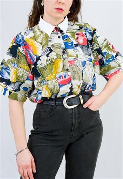 Linen and cotton shirt vintage 80s rainbow blouse XXL