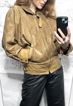 80s Real leather Beige Patchwork Shearling Jacket / Bomber 