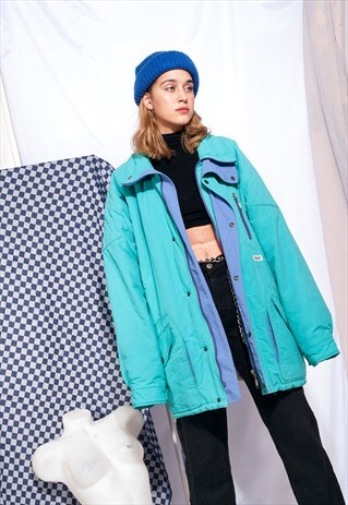 VINTAGE WINDBREAKER JACKET 90S NEON TURQUOISE SKI COAT