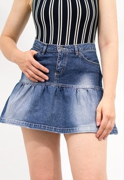 Vintage y2k mini denim skirt in blue frilled