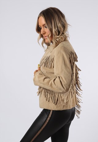 SUEDE LEATHER FRINGE TASSEL JACKET VINTAGE UK 10 (FBFT)