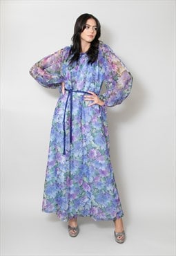 70's Vera Mont Vintage Bell Sleeve Blue Floral Maxi Dress