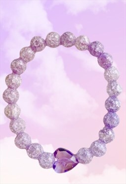 Love Heart Purple Crackle Quartz Beaded Gemstone Bracelet