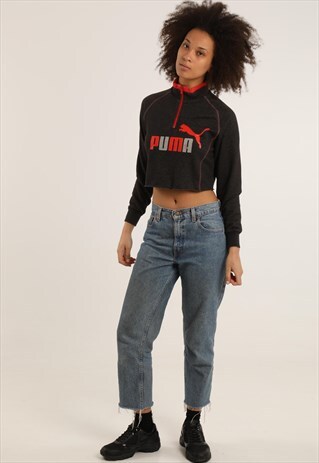 VINTAGE PUMA PRINT SPELL OUT CROPPED 1/4 ZIP SWEATSHIRT