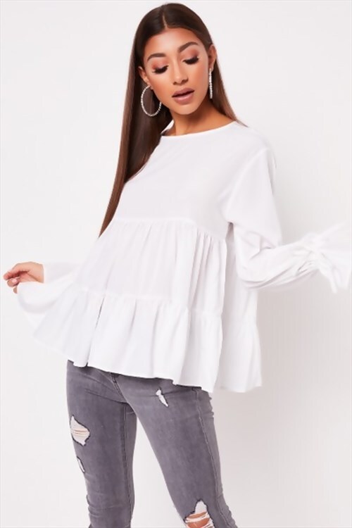 white ruched bow long sleeve tiered shift top