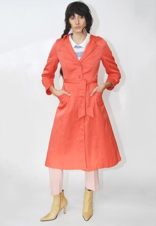 60S A-LINE COAT (XS) VINTAGE ORANGE CORAL WRAP TIE TRENCH