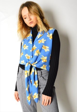 VINTAGE 80S BLUE FLOWER SLEEVELESS TOP