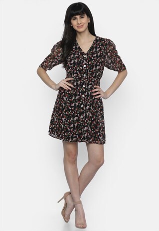 IS.U BLACK V-NECK BUTTON DOWN DRESS