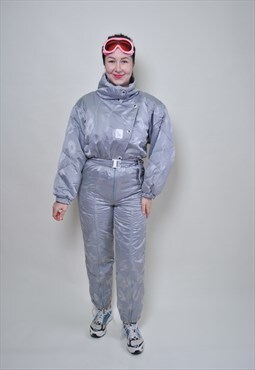 One piece ski suit, vintage women shiny gray snow suit