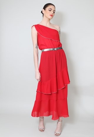 70's Red One Shoulder Floaty Tiered Vintage Midi Dress