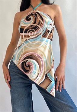 Vintage 00s Asymmetrical Funky Swirl Print Halterneck Top