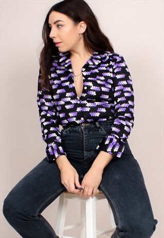VINTAGE 70S SPOTTY PRINT BLACK BLOUSE