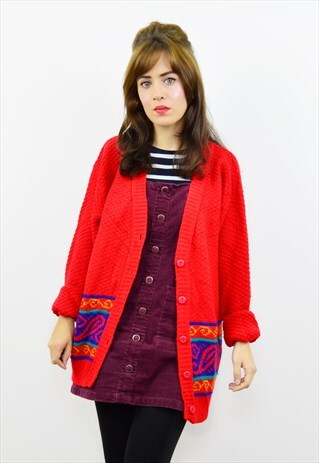 VINTAGE 90S BRIGHT RED PATTERNED CARDIGAN