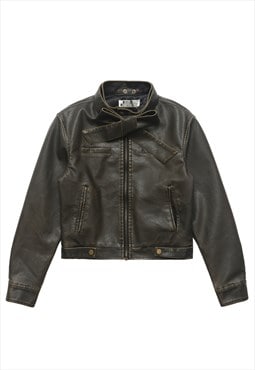 Cropped faux leather jacket vintage wash biker bomber