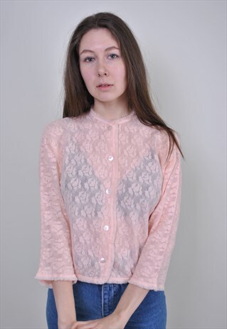 90S PINK TRANSPARENT BLOUSE, RETRO FLORAL LACE SHIRT