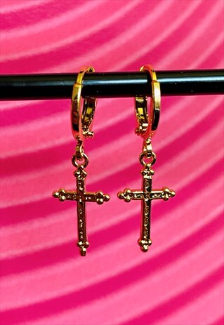 VINTAGE INSPIRED CROSS EARRINGS GOLD PLATED IN GOLD COLOUR