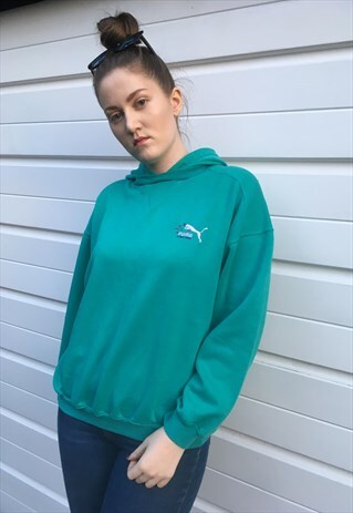 WOMENS 80S PUMA HOODIE SPORTSWEAR GREEN SWEATSHIRT TOP