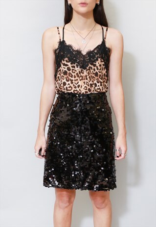 VINTAGE 1980'S MIDNIGHT BLACK SEQUIN MINI SKIRT