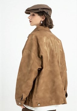 Suede jacket faux leather rocker bomber in washed brown