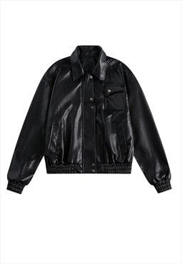Faux leather aviator jacket retro varsity PU bomber black