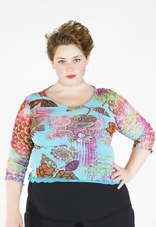 VINTAGE 90S Y2K MULTI COLOURED BLUE MESH RAVE FESTIVAL TOP
