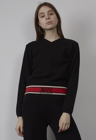 RARE VINTAGE 90'S D&G RIB MERINO BLACK V-NECK JUMPER
