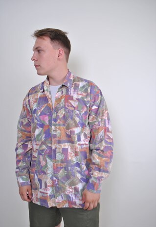 80S MULTICOLOR SHIRT, VINTAGE PURPLE LONG SLEEVE BUTTON DOWN