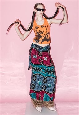 Vintage Y2K funky festival wrap maxi skirt in teal&burgundy
