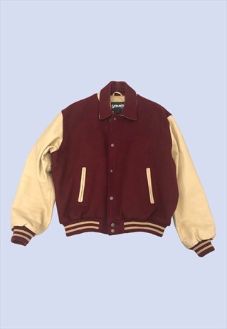 VINTAGE CREAM BURGUNDY RED LEATHER VARSITY BOMBER JACKET