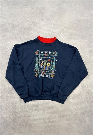 Vintage Sweatshirt Cottagecore Snowy Scene Patterned Jumper