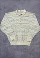 VINTAGE KNITTED JUMPER PATTERNED 1/4 BUTTON GRANDAD SWEATER