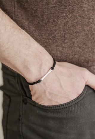 SILVER LONG BAR BRACELET FOR MEN BLACK CORD GIFT FOR HIM