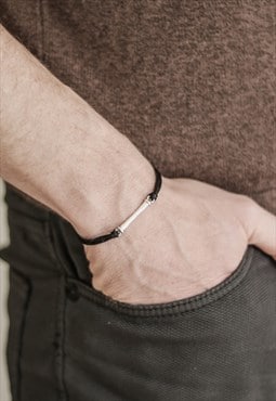 Silver long bar bracelet for men black cord gift for him