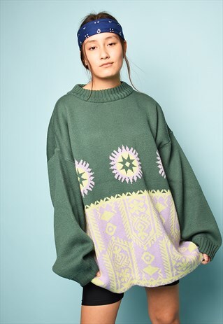 VINTAGE 80'S RETRO ABSTRACT PATTERN KNIT OVERSIZED JUMPER