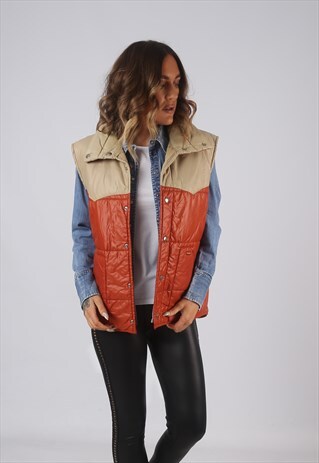 VINTAGE WRANGLER GILET JACKET ORANGE BEIGE UK 16 - 18 (DLAC)