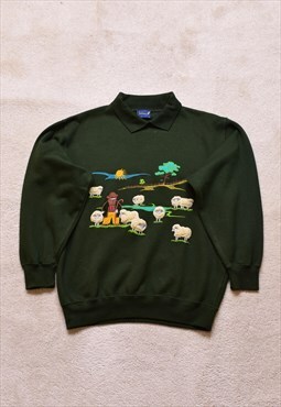 Women's Vintage 90s Green Sheep Embroidered Sweater 
