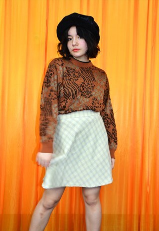 VINTAGE 80S MINI SKIRT CREAM GREY TARTAN CHECKERED A LINE