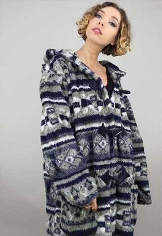 VINTAGE 90S OVERSIZED PATTERNED TEDDY FLEECE WITH HOOD