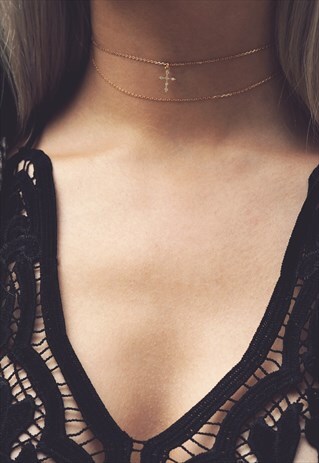 GOLD CROSS DOUBLE CHAIN LAYERED CHOKER