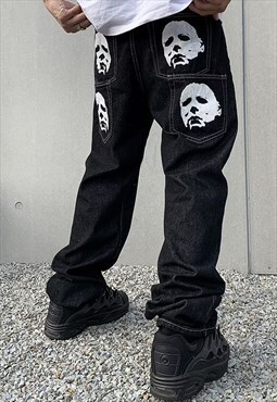 Black Grafitti Printed Relaxed Fit Denim Jeans Pants Y2k