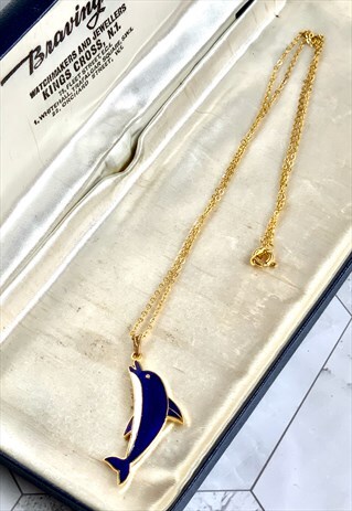 80S BLUE DOLPHIN NECKLACE ANIMAL CUTE VINTAGE JEWELLERY