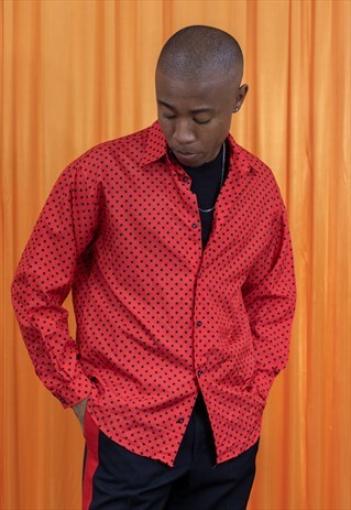 VINTAGE 90S SHIRT RED BLACK POLKA DOT LONG SLEEVED PARTY