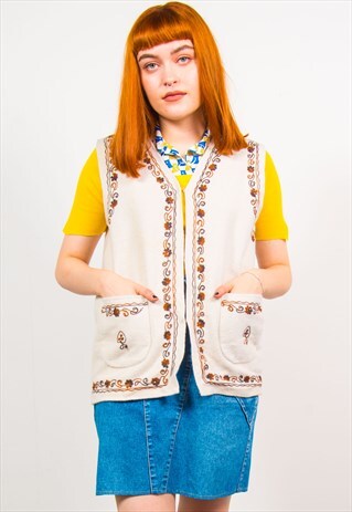 VINTAGE 90'S CREAM FLORAL EMBROIDERED BOHO WAISTCOAT