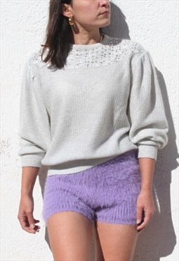 Ice grEy lurex embellished mahair blend puff sleeved sweater