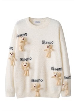 Teddy sweater bear patch jumper knitted Kawaii top in cream