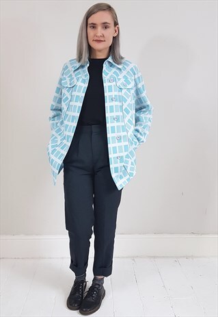 VINTAGE 70'S LIGHT BLUE SQUARE DESIGN LONG JACKET