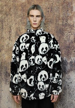 Panda fleece jacket animal print fluffy retro bomber black