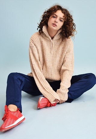 90'S RETRO OVERSIZED NEUTRAL RIBBED JAZZY KNIT JUMPER