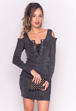 Cold Shoulder Bodycon Dress With Long Sleeves In Sliver
