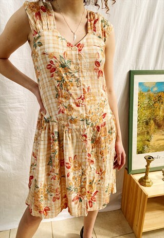 VINTAGE 80S GINGHAM CHECK FLORAL PARISIAN CHIC MINI DRESS